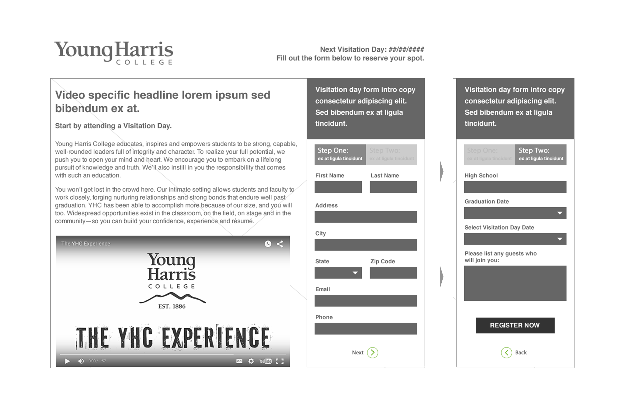 YHC Visitor Landing Page Two-Step Wireframe Concept Design